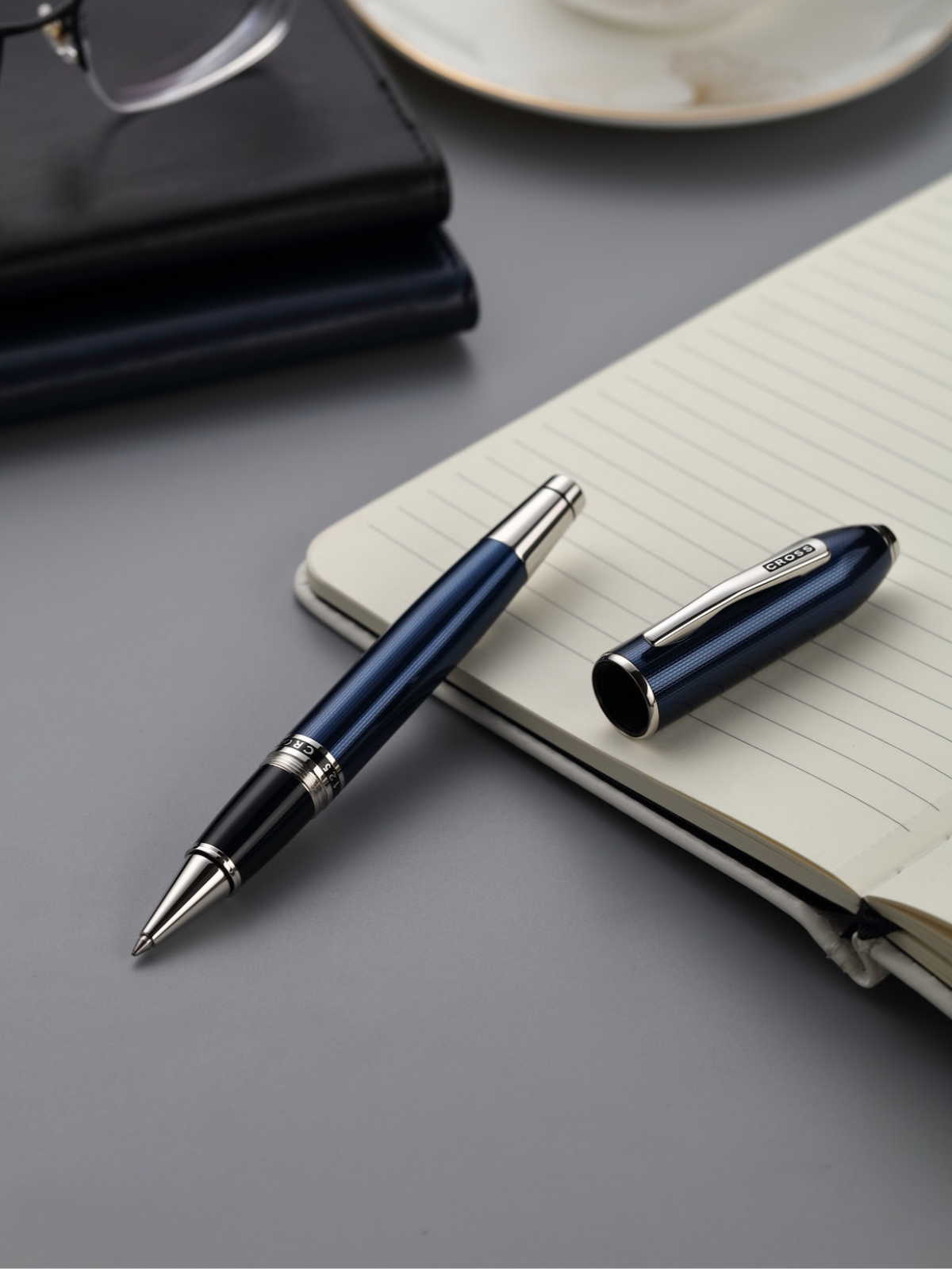 Peerless™ Polished Translucent Cobalt Blue Engraved Diamond Pattern with Polished Chrome Appointments and Swarovski Crystal Rollerball Pen