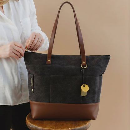 Harriet Washed Canvas & Leather Tote – Black/Brown