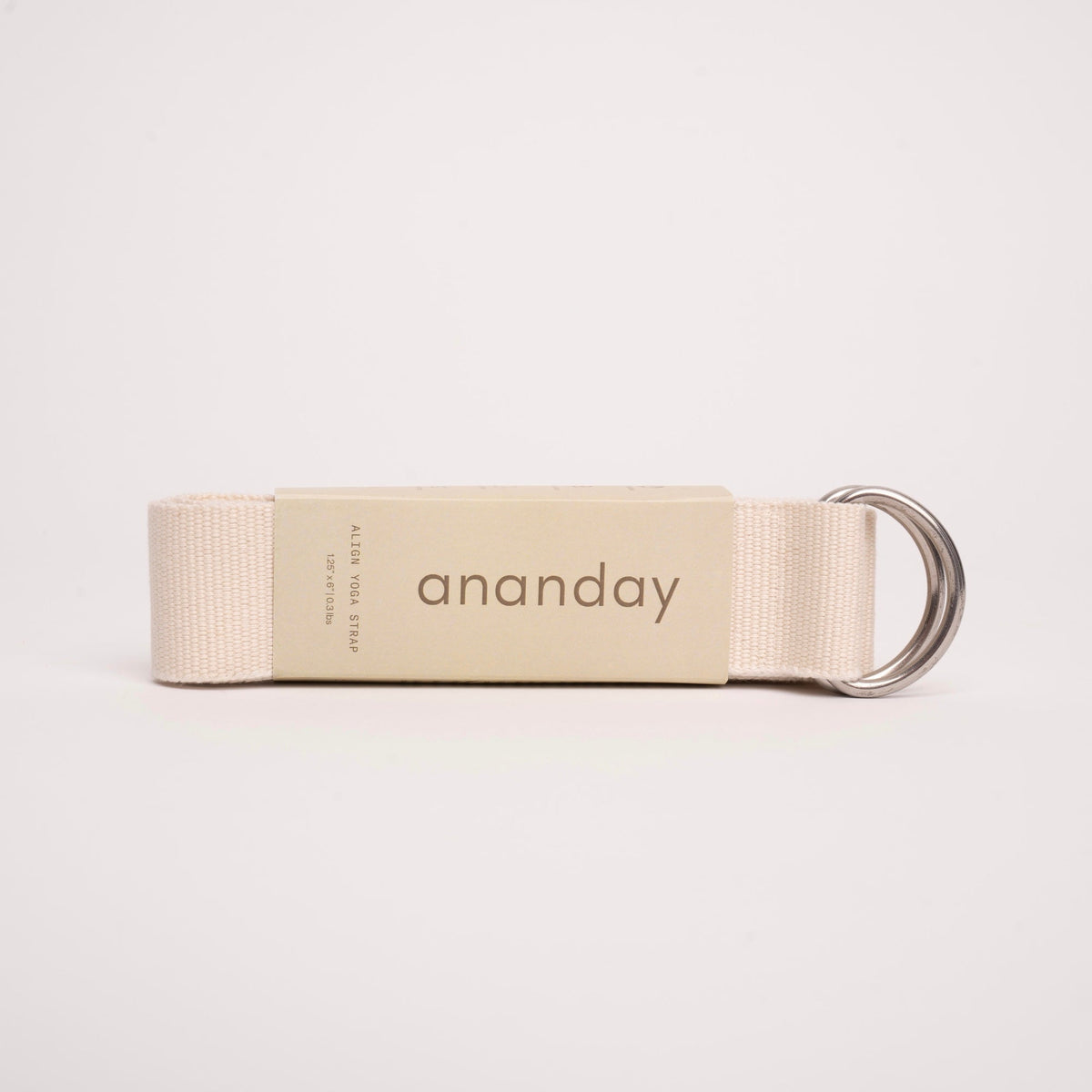 Ananday yoga strap with metal rings on a white background.