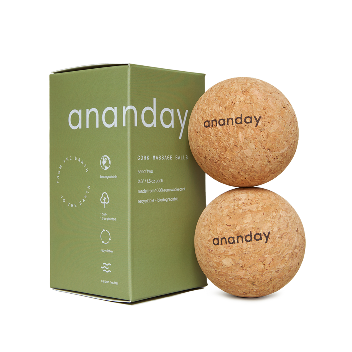 Ananday cork massage ball set with green box and two cork balls.