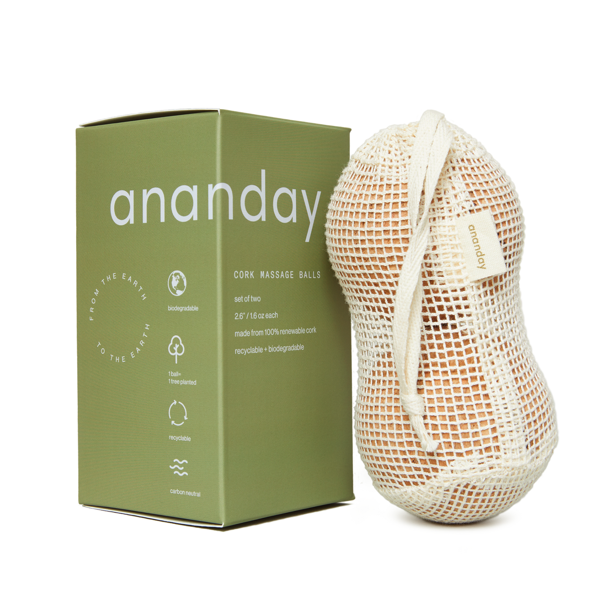 Green Ananday cork massage ball set box beside a mesh bag.