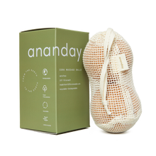 Green Ananday cork massage ball set box beside a mesh bag.