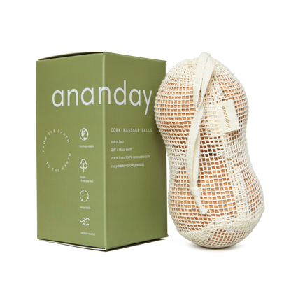 Green Ananday cork massage ball set box beside a mesh bag.