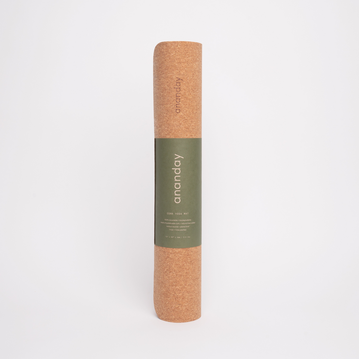 Rolled cork yoga mat with Ananday label on a white background.