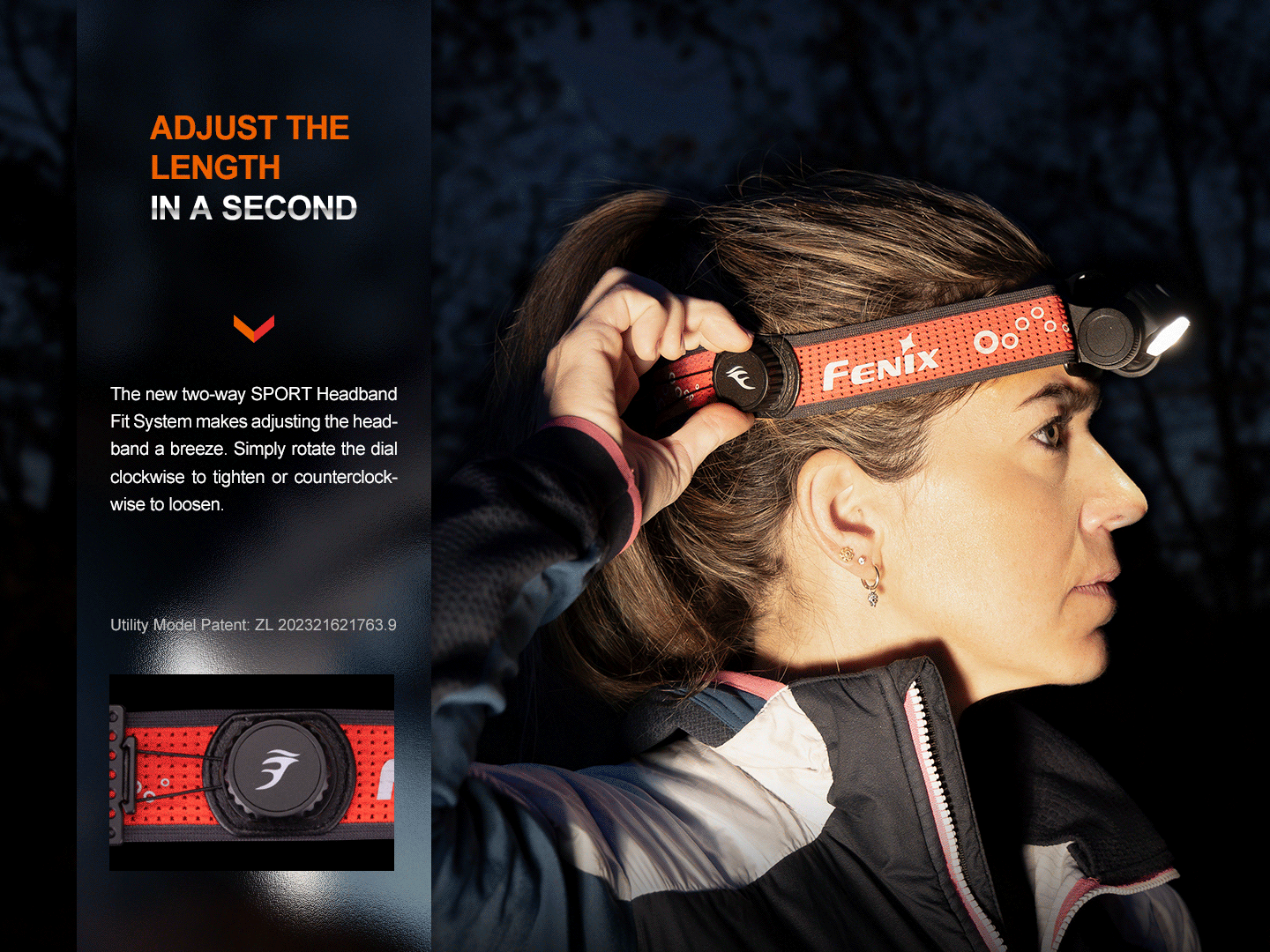 Person adjusting a Fenix headband beside visible adjustment graphic text.