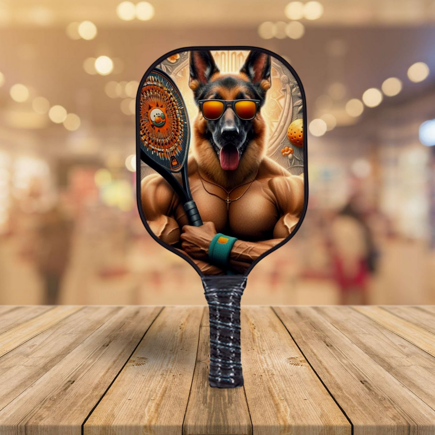 German Shepherd Hot Dogs Series pickleball paddle with a sunglasses-wearing German Shepherd design