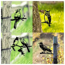 Four-panel image showing bird silhouette decorations attached to outdoor posts and trees.