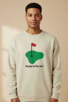 Man wearing a natural cotton Ready to Par-tee golf sweatshirt