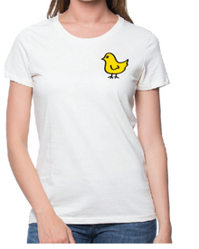 Cropped view of a woman wearing a natural cotton Local Chick T-shirt