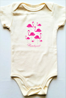 Natural cotton short-sleeve baby romper with a flock of pink flamingos