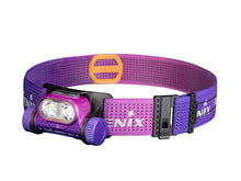 Purple Fenix headlamp with a purple headband on a white background.
