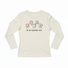 Natural cotton long-sleeve In My Mahjong Era shirt with colorful mahjong tiles shown flat