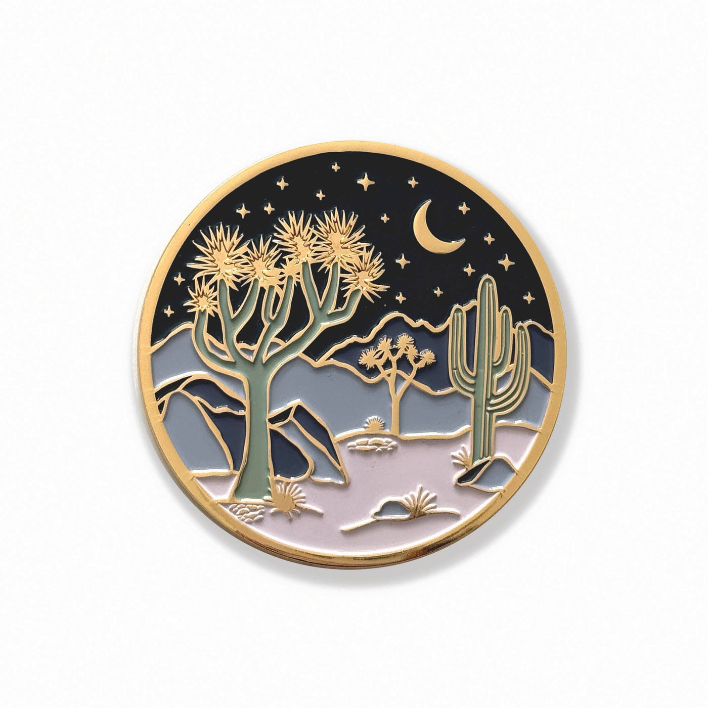 Round Moonlight Joshua Tree coaster with gold trim, crescent moon, stars, desert plants, and blue and lavender enamel