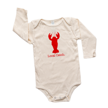 Natural cotton long-sleeve baby romper with a red Local Catch lobster shown flat