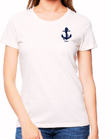 Cropped view of a woman wearing a natural cotton Nantucket anchor T-shirt