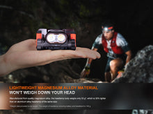 Fenix headlamp on an outstretched hand with visible lightweight-material graphic text.