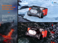 Fenix headlamp on ice and rock beside visible cold-and-heat graphic text.