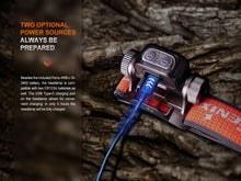 Fenix headlamp charging graphic with visible two-power-sources text.