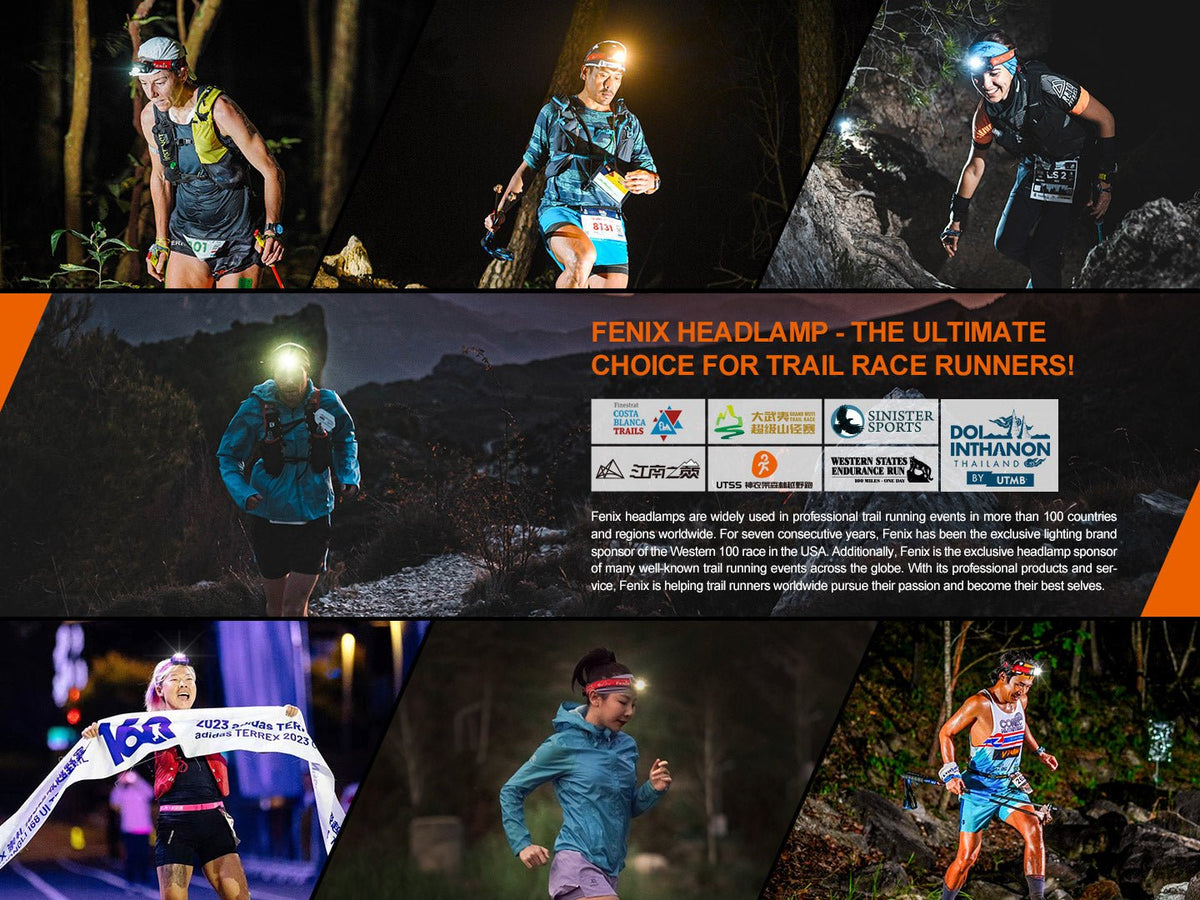 Trail-running collage with visible Fenix sponsorship and race graphic text.