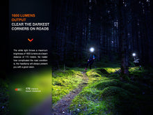 Night forest runners beside visible 1600-lumens output graphic text.