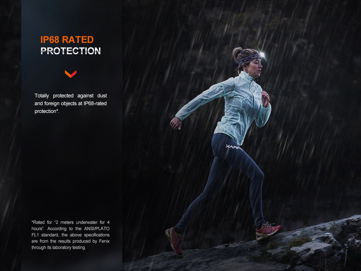 Runner in rain wearing a headlamp beside visible IP68 protection graphic text.