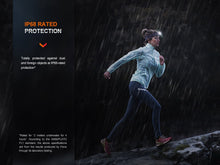 Runner in rain wearing a headlamp beside visible IP68 protection graphic text.