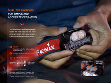 Fenix headlamp in hands beside visible dual-switch operation graphic text.