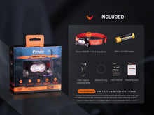 Fenix product box with headlamp, battery, cable, manual, and warranty-card images.