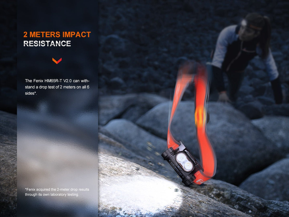 Fenix headlamp above rocks beside visible impact-resistance graphic text.