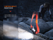 Fenix headlamp above rocks beside visible impact-resistance graphic text.