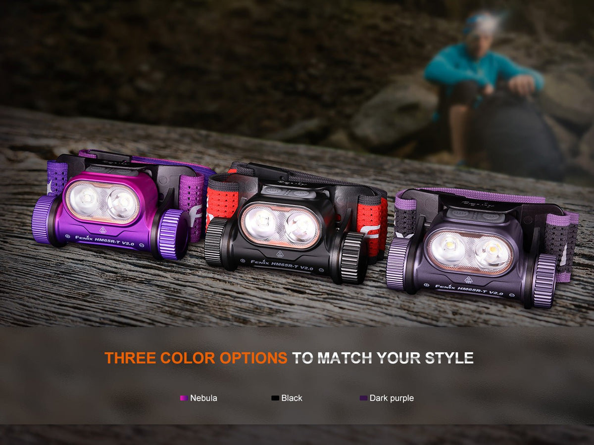 Three Fenix headlamps in black, red, and purple beside visible color-options text.