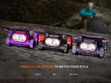 Three Fenix headlamps in black, red, and purple beside visible color-options text.