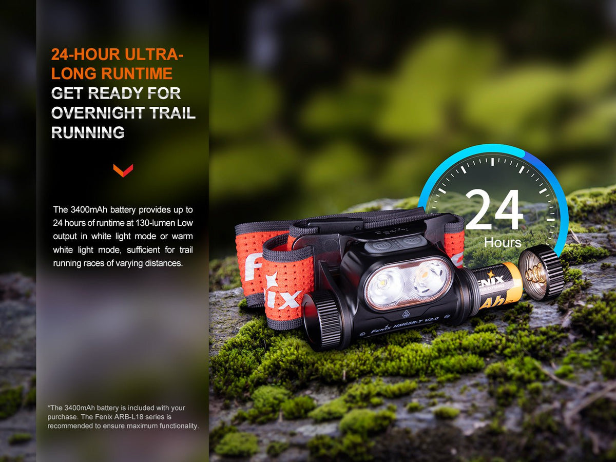 Fenix headlamp and battery beside visible 24-hour-runtime graphic text.