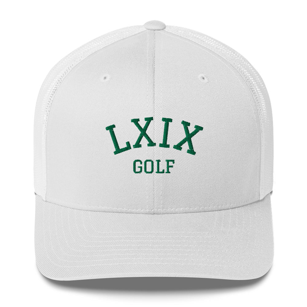 Collegiate Arch Trucker Cap - Green Logo by LXIX GOLF CLUB