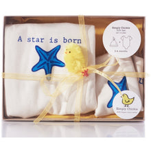 A Star Is Born natural cotton baby romper and hat gift set arranged in a clear gift box