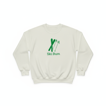 Natural cotton Ski Bum sweatshirt with green skis shown flat on a white background