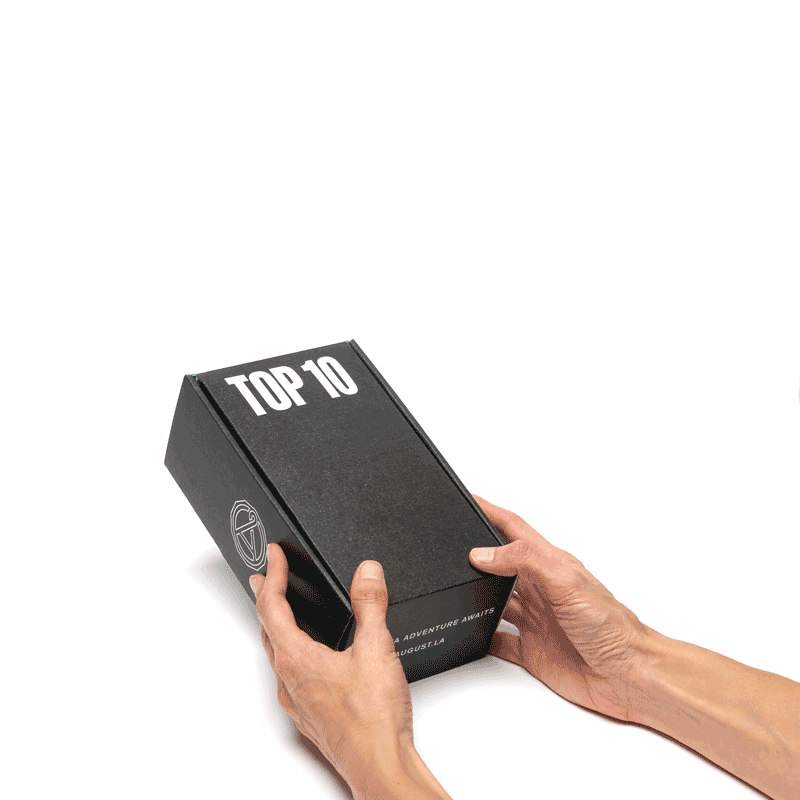 Black box labeled TOP 10 held in two hands on a white background.