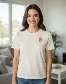 Woman wearing a natural cotton I Scream a Lot T-shirt with a small ice cream cone design