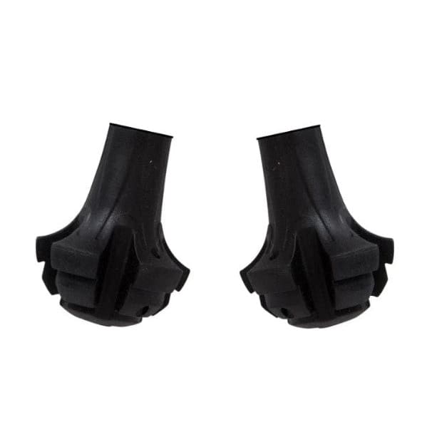 Pair of black rubber walking-pole tips on a white background.