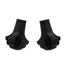 Pair of black rubber walking-pole tips on a white background.