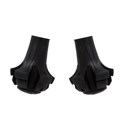 Pair of black rubber walking-pole tips on a white background.