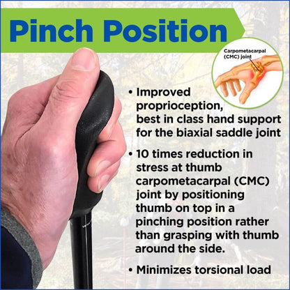 Pinch Position infographic showing a hand holding a black pole grip with the thumb on top.