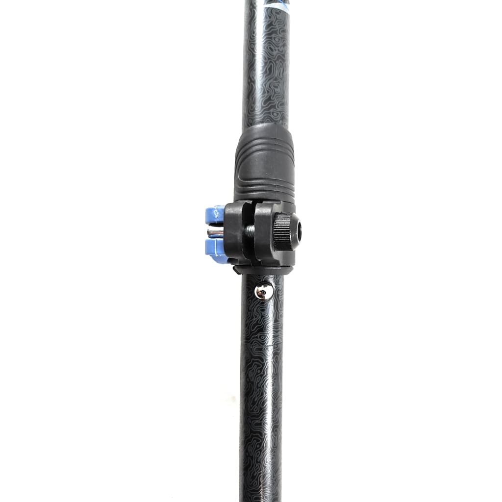 Side-by-side close-ups of a black travel-pole push-button connector.