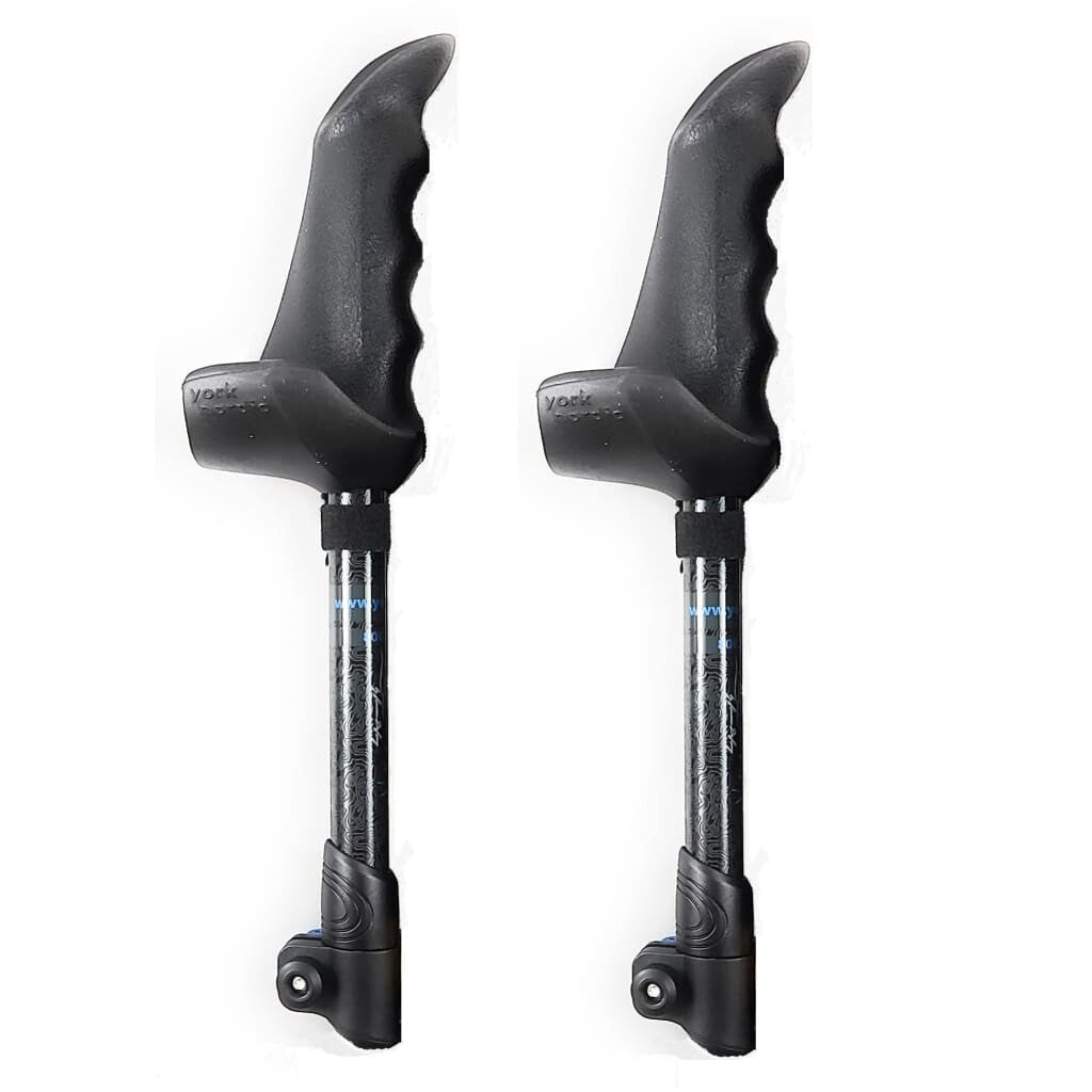 Pair of black contoured pole grips with patterned shafts on a white background.