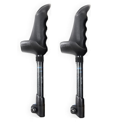 Pair of black contoured pole grips with patterned shafts on a white background.