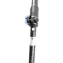 Close-up of a black travel-pole section with a blue push-button connector and open joint.