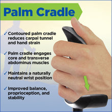 Palm Cradle infographic showing a hand holding a black contoured pole grip.