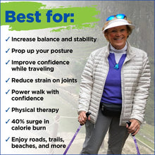 Best for infographic with a person holding purple walking poles and a list of uses.