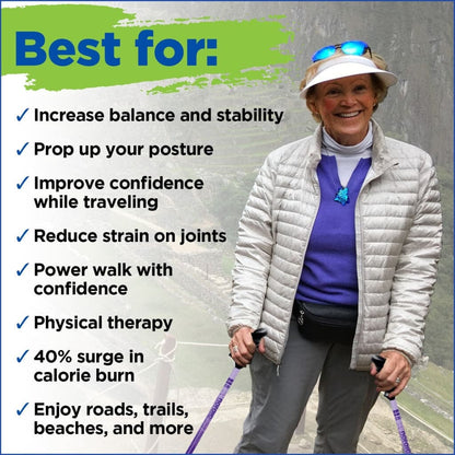 Best for infographic with a person holding purple walking poles and a list of uses.