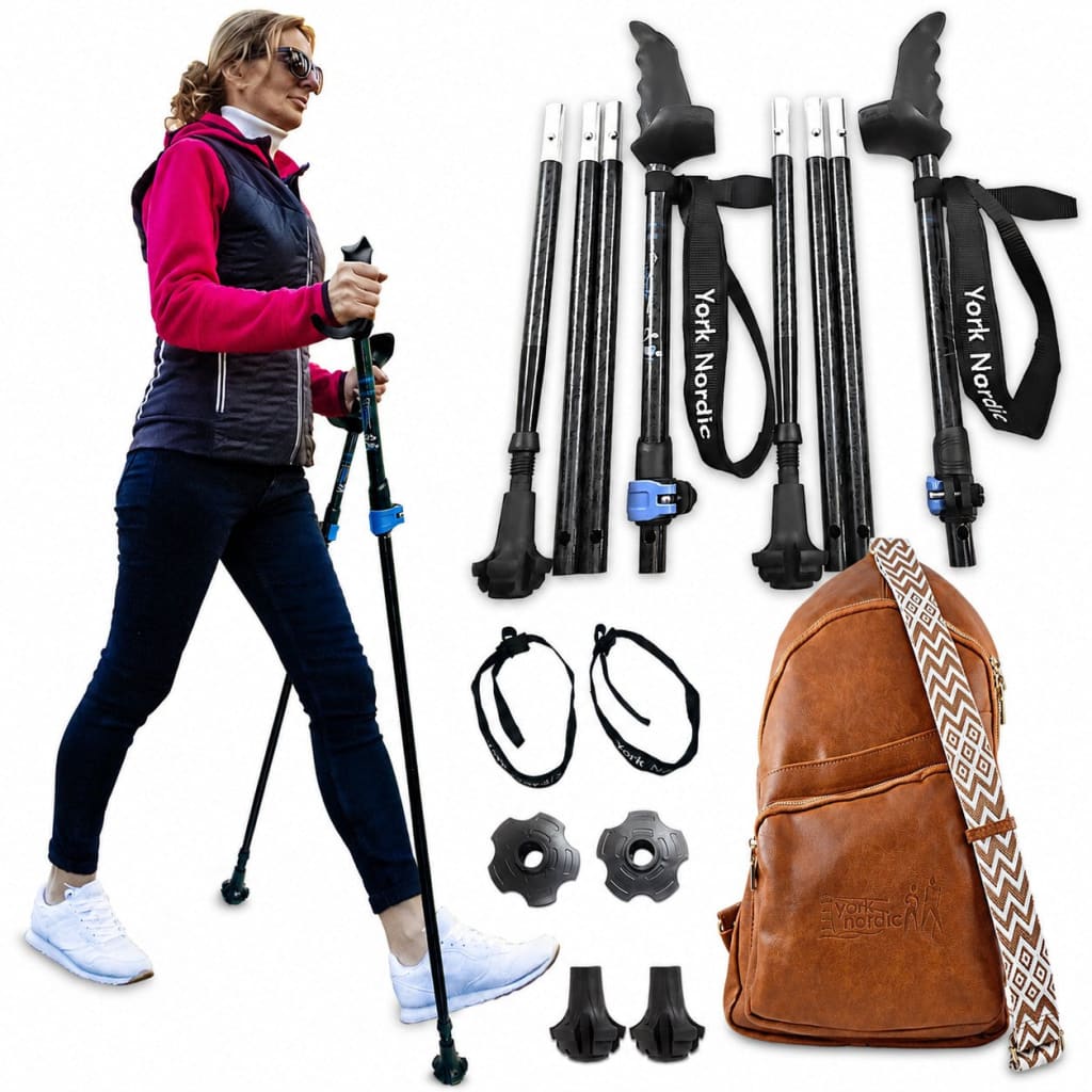 Person walking with a black travel pole beside black folding poles, accessories, and a brown York Nordic backpack.